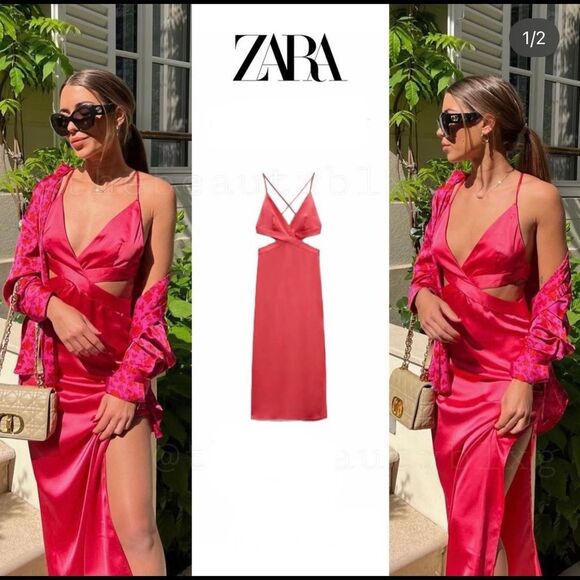 ZARA SATIN EFFECT CUT OUT DRESS - Picture 1 of 16